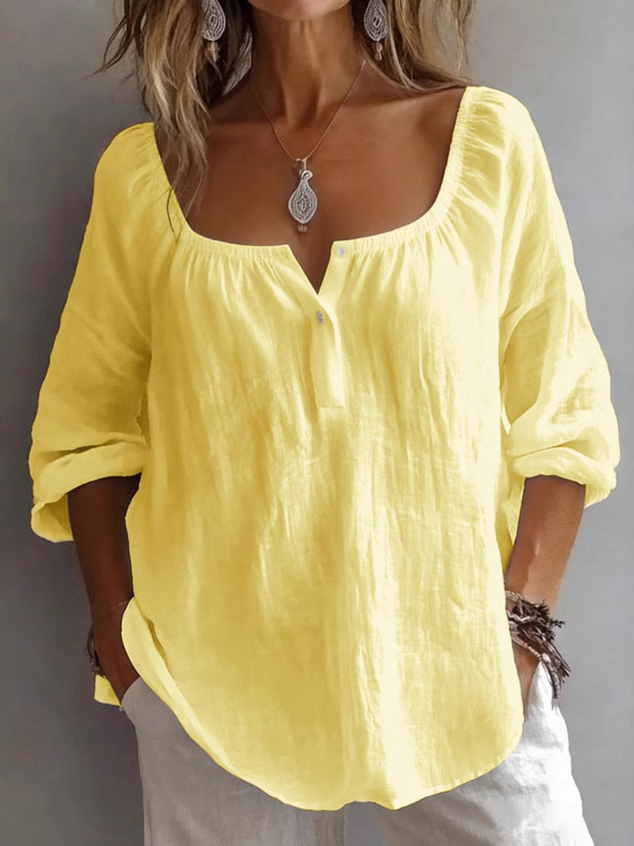 Long Sleeves Loose Buttoned Pleated Solid Color Split-Joint Square-Neck T-Shirts Tops