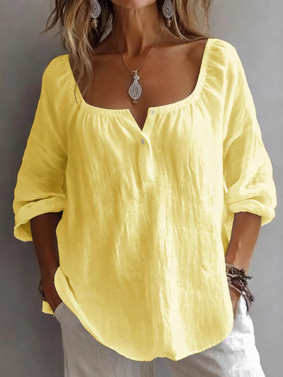 Long Sleeves Loose Buttoned Pleated Solid Color Split-Joint Square-Neck T-Shirts Tops