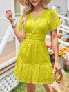 A-Line Loose Elasticity Hollow Pleated Solid Color Split-Joint V-Neck Mini Dresses