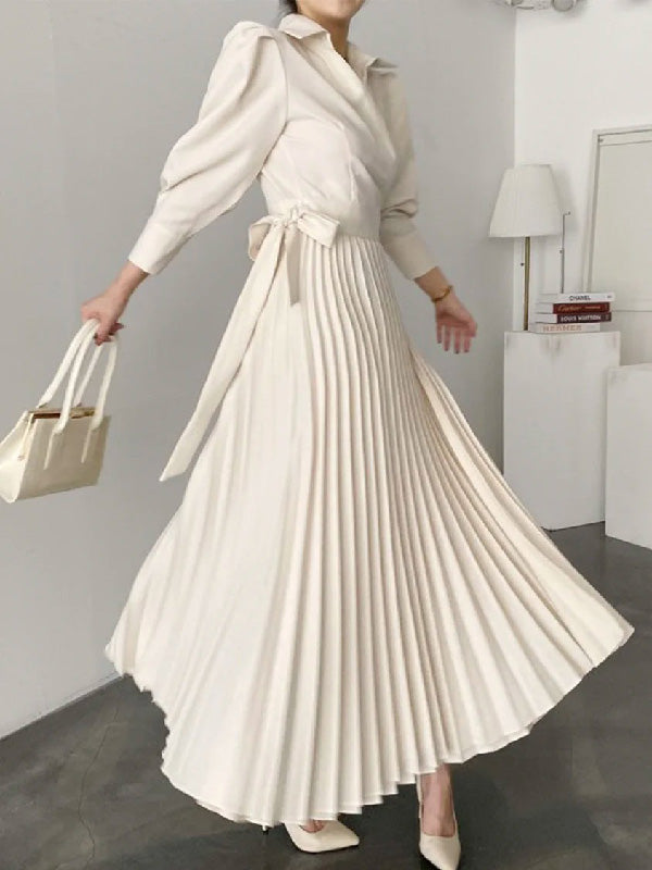 Asymmetric Pleated Solid Color Lapel Maxi Dresses Shirt Dress
