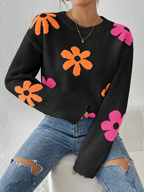 Long Sleeves Loose Contrast Color Flower Print Round-Neck Sweater Tops
