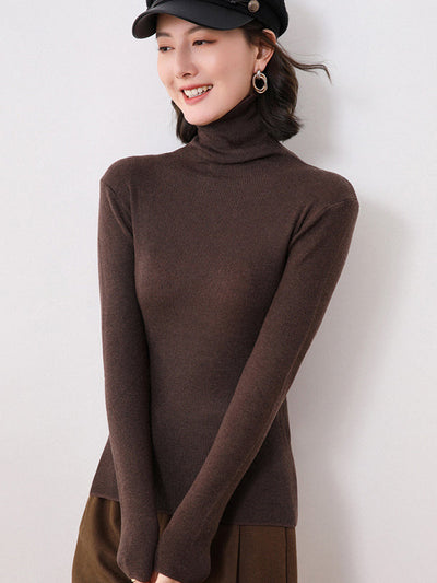 Simple Skinny Long Sleeves Solid Color High-Neck Sweater Tops Pullovers