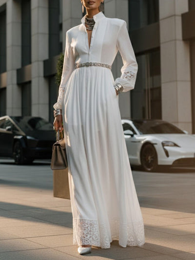 A-Line High Waisted Belted Buttoned Hollow Pleated Pockets Solid Color Split-Joint Stand Collar Maxi Dresses Shirt Dress