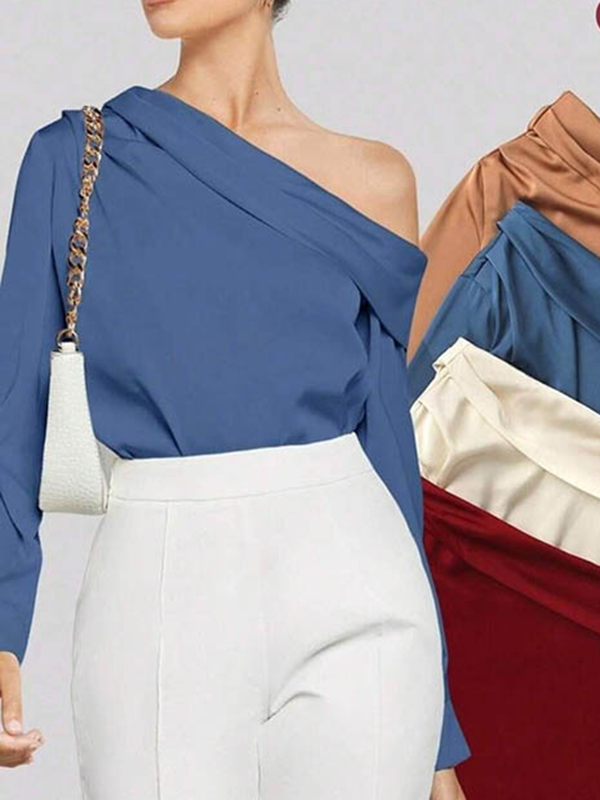 Long Sleeves Skinny Pleated Solid Color Split-Joint One-Shoulder Blouses&Shirts Tops