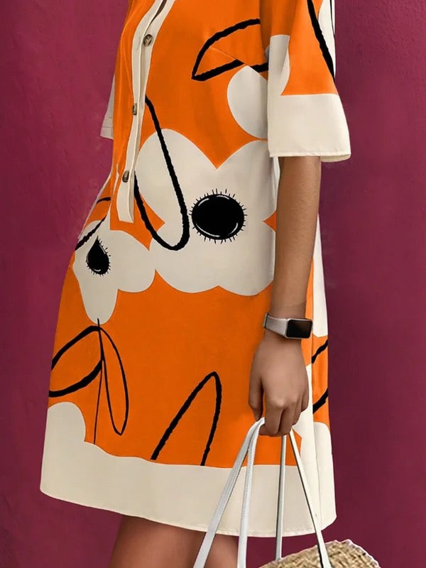 A-Line Half Sleeves Buttoned Contrast Color Flower Print Pockets Stand Collar Mini Dresses