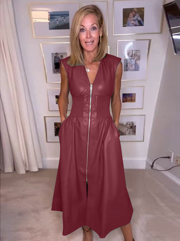 A-Line Elasticated Waist Pockets Solid Color Split-Joint Zipper V-Neck Midi Dresses