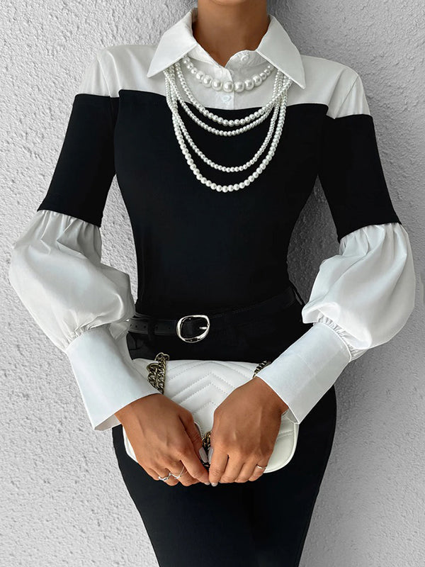 Long Sleeves Loose Buttoned Contrast Color Pleated Split-Joint Lapel Blouses&Shirts Tops