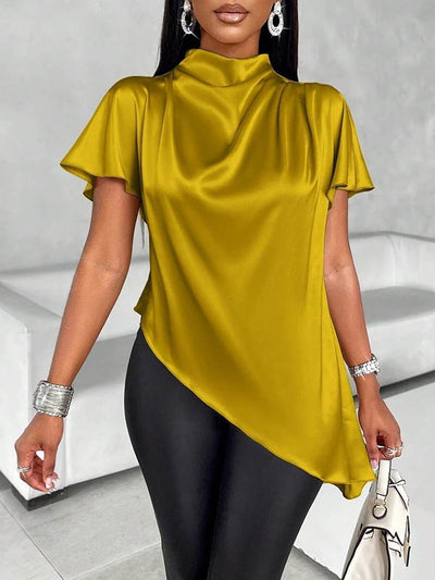 Loose Short Sleeves Asymmetric Solid Color Mock Neck Blouses&Shirts Tops