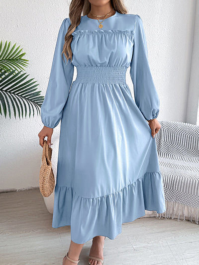 A-Line Elasticated Waist Pleated Solid Color Round-Neck Maxi Dresses