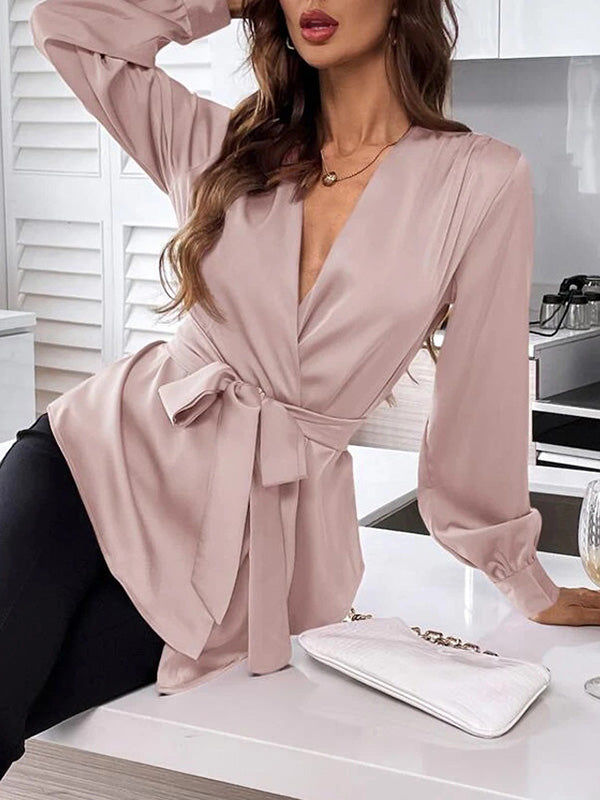 Loose Puff Sleeves Pleated Solid Color Split-Joint Tied Waist V-Neck Blouses&Shirts Tops