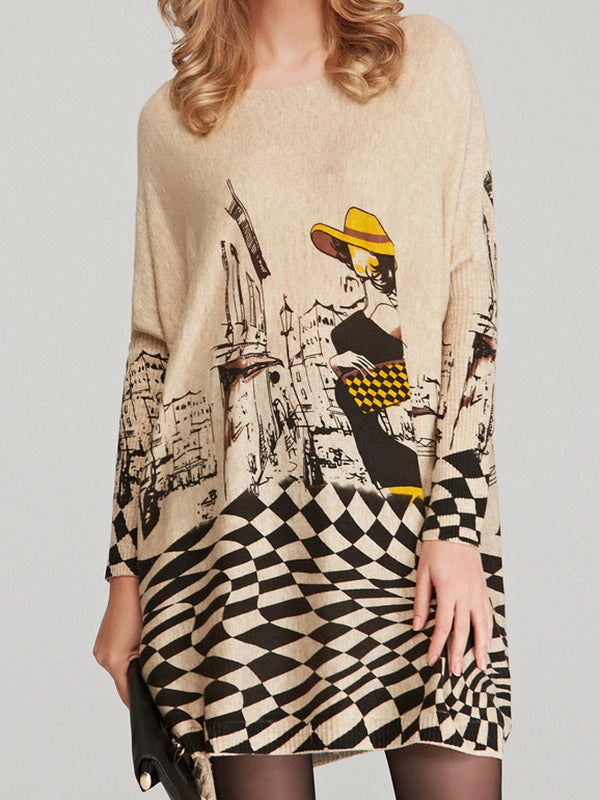 Vintage Loose Printed Split-Joint Sweater