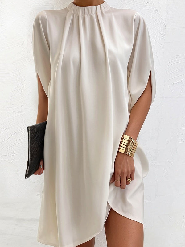 Loose Short Sleeves Solid Color Stand Collar Mini Dresses