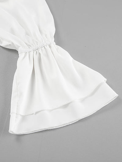 A-Line Flared Sleeves Buttoned Elasticity Pleated Solid Color Tied Zipper Stand Collar Mini Dresses