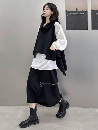 Irregularity Loose Pockets Solid Color Heaps Collar T-Shirts Vest Top