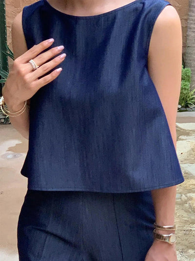 Loose Sleeveless Solid Color Split-Joint Boat Neck Vest Top