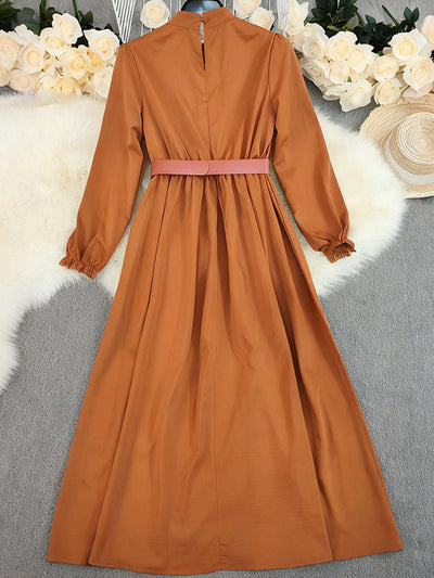 A-Line Elasticated Waist Belted Buttoned Contrast Color Pleated Split-Joint Stand Collar Maxi Dresses Shirt Dress