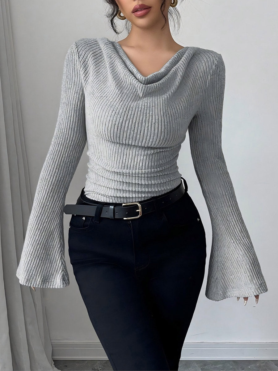 Flared Sleeves Irregularity Pleated Ribbed Knit Solid Color Heaps Collar T-Shirts Tops