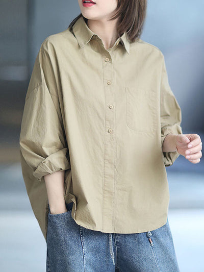 High-Low Long Sleeves Solid Color Lapel Blouses&Shirts Tops