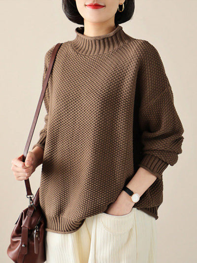 Casual Loose Long Sleeves Solid Color High-Neck Sweater Tops