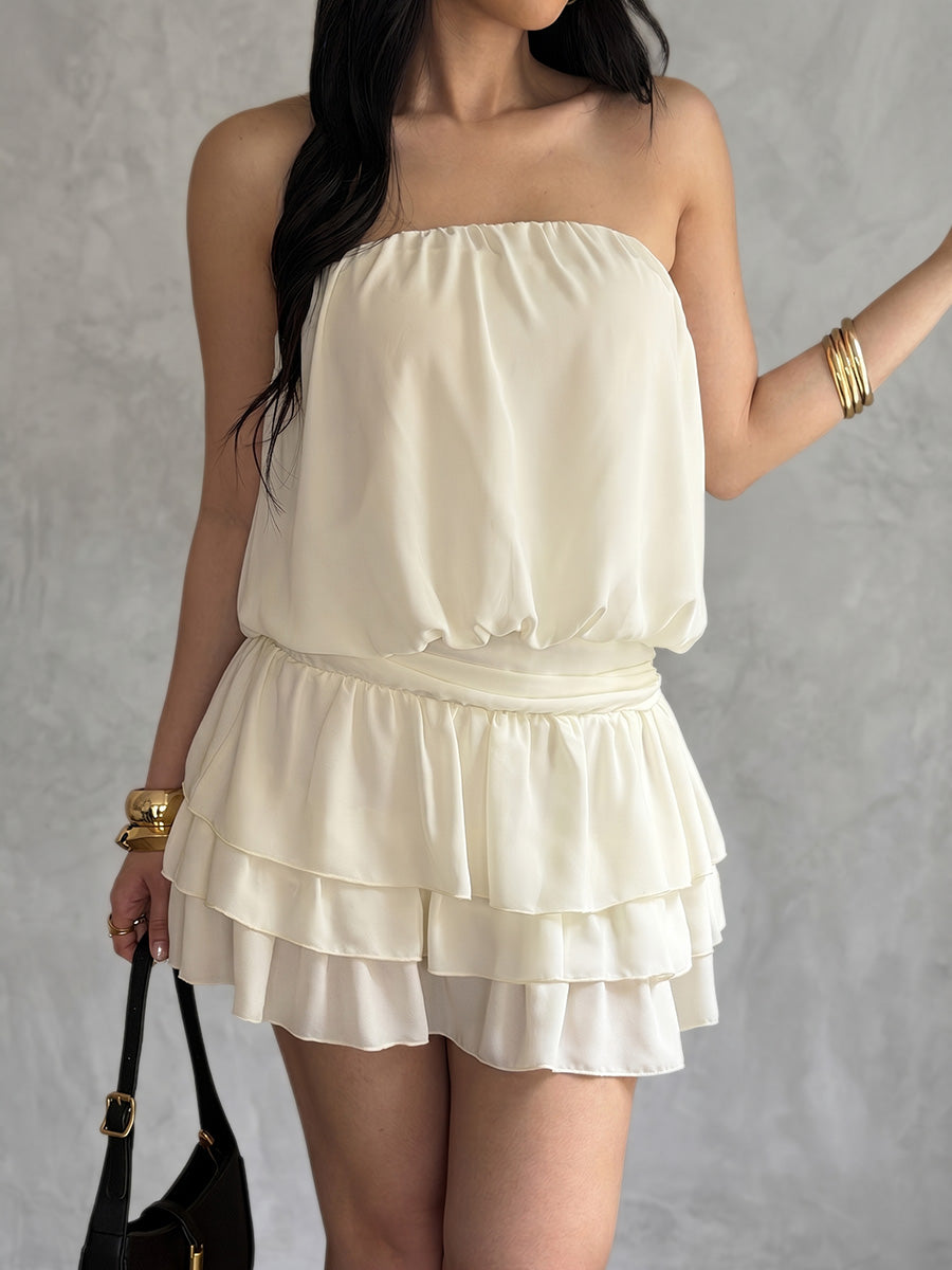 Sleeveless Elasticity Pleated Ruffled Solid Color Split-Joint Tube Mini Dresses
