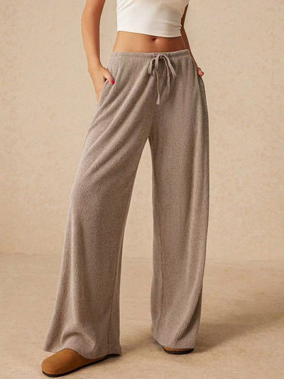 Elasticated Waist High Waisted Drawstring Solid Color Split-Joint Pants Trousers