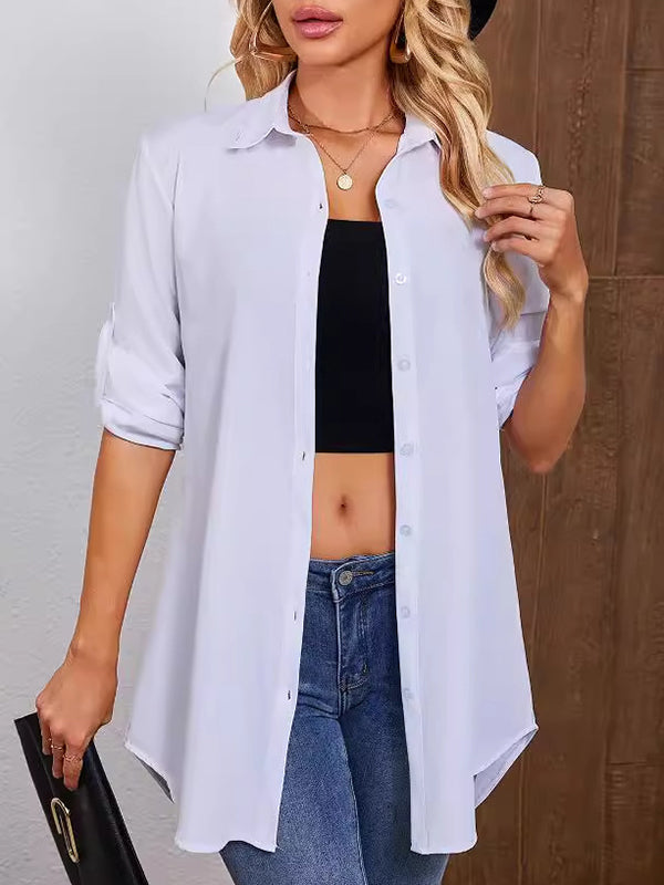 Long Sleeves Loose See-Through Solid Color Split-Joint Lapel Blouses