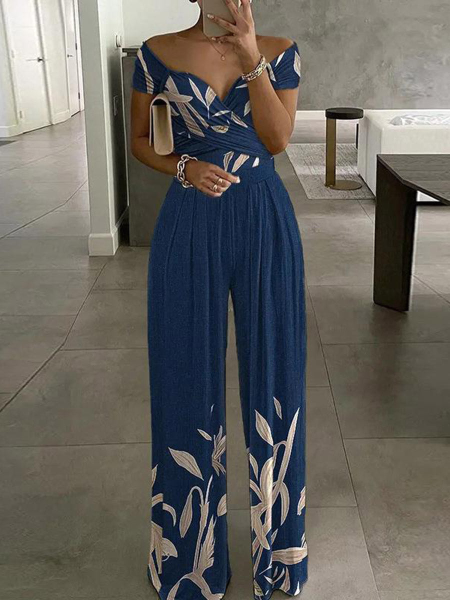 High Waisted Loose Contrast Color Pleated Printed Split-Joint Twist Off-The-Shoulder Jumpsuits