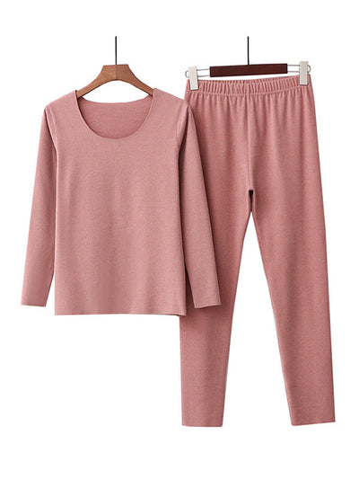 2PCS Plus Size Solid Color Round-Neck Top&Bottom Pajama Set