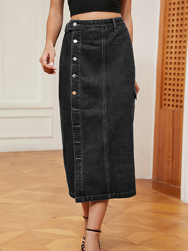 Loose Buttoned Pockets Split-Front Denim Skirts Bottoms
