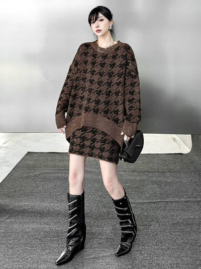 Contrast Color Split-Joint Ribs Shiny Swallow Gird/Houndstooth Round-Neck Sweater Tops + A-Line Elasticated Waist Skirts Bottoms  Two Pieces Set