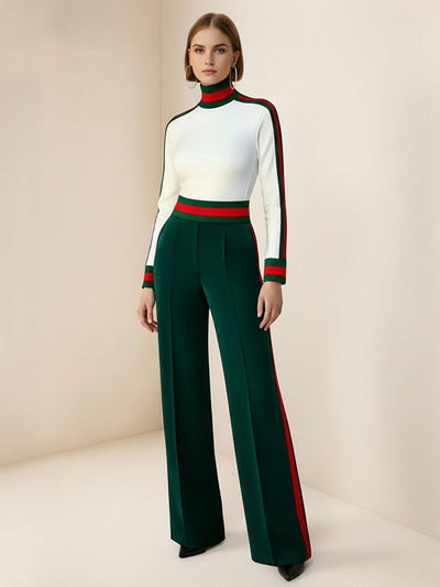 Long Sleeves Skinny Contrast Color Split-Joint Striped High Neck T-Shirts Tops