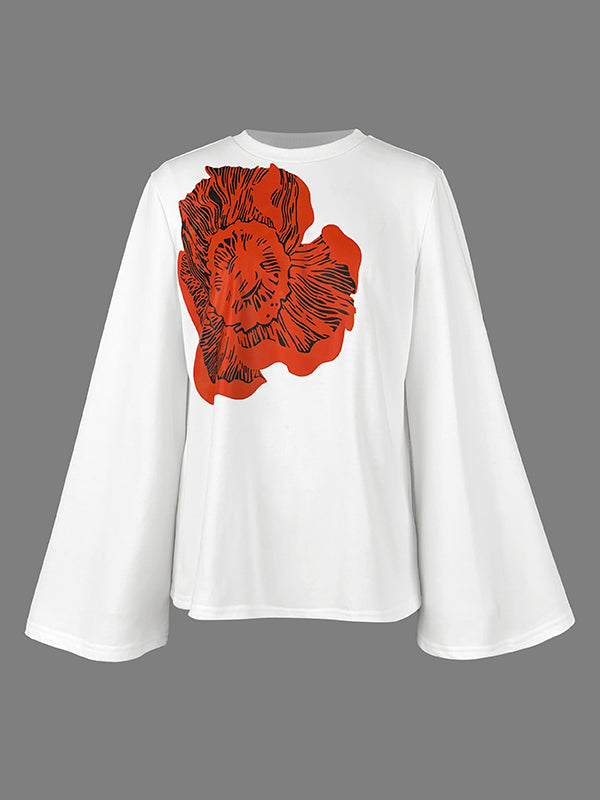 Flared Sleeves Long Sleeves Flower Print Round-neck T-Shirts Tops