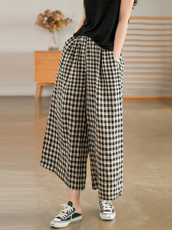 Artistic Retro Linen Loose Wide Legs Plaid Drawstring Pants