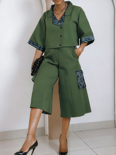 Loose Short Sleeves Buttoned Contrast Color Split-Joint Lapel Blouses&Shirts Tops