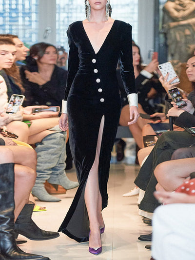 Long Sleeves Skinny Asymmetric Buttoned Shoulder Pad Split-Front Deep V-Neck Maxi Dresses