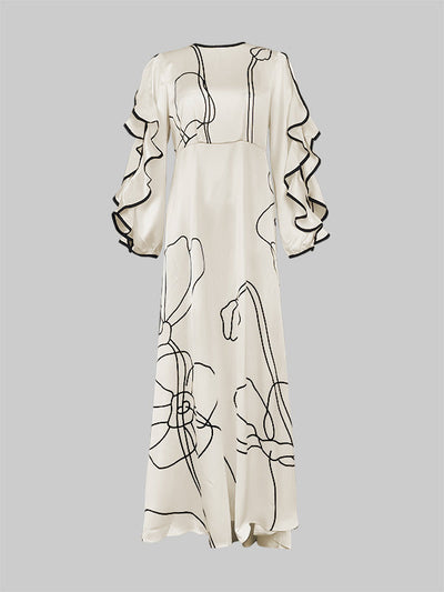 Loose Contrast Color Falbala Flower Print Hollow Zipper Maxi Dresses