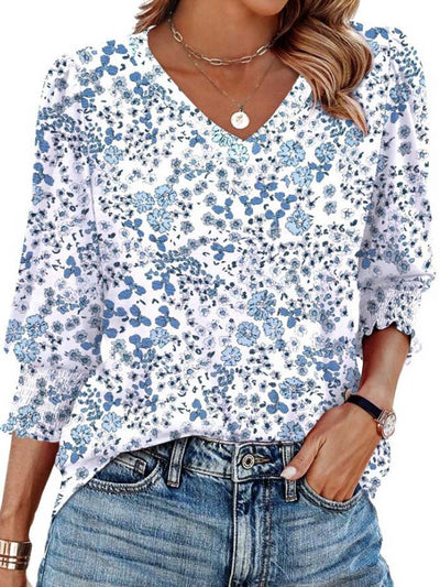 Long Sleeves Loose Contrast Color Pleated Printed Split-Joint V-Neck T-Shirts Tops