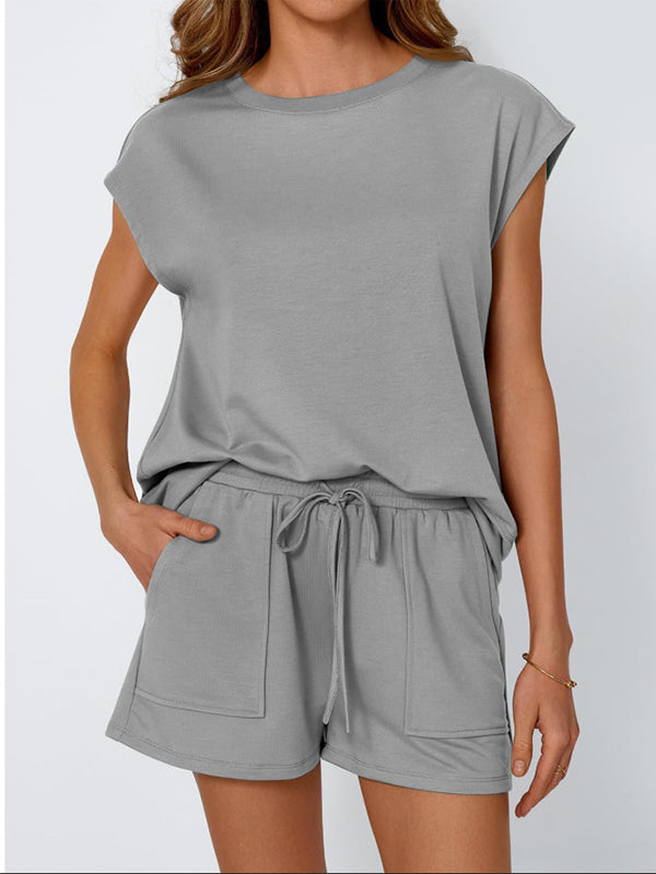 Loose Raglan Sleeve Solid Color Split-Joint Round-Neck T-Shirt + Drawstring Elasticity Shorts Two Pieces Set