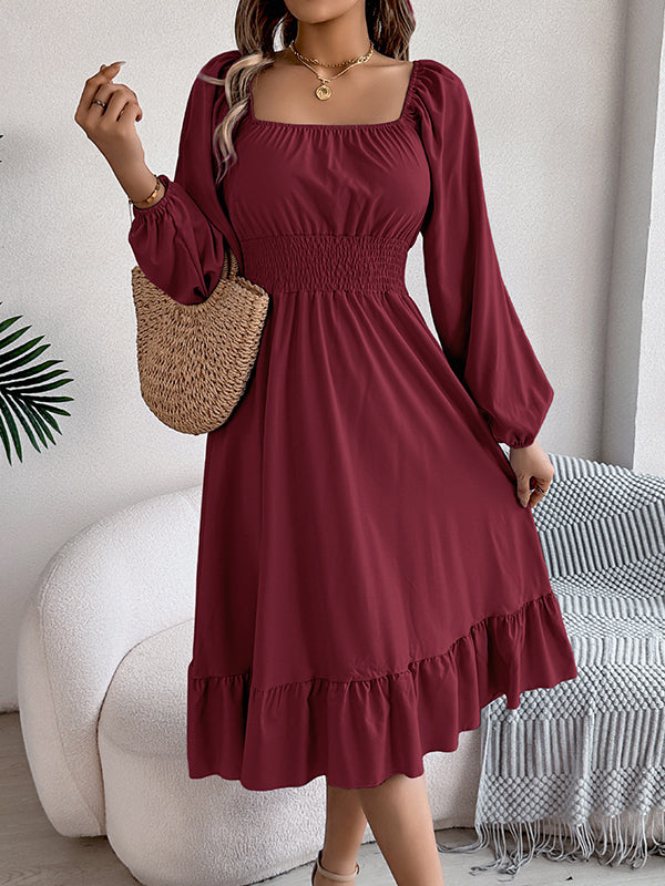 A-Line Elasticated Waist Pleated Ruffled Solid Color Square-Neck Midi Dresses