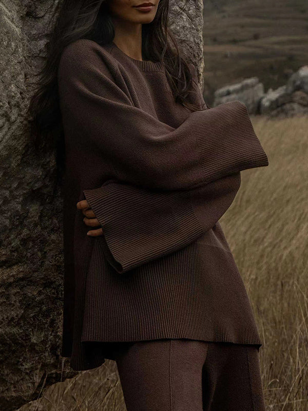 Casual Long Sleeves Loose Solid Color Round-Neck Sweater Tops & Wide Leg Pants Two Pieces Set