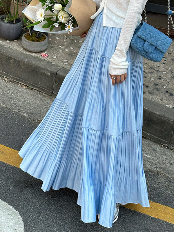 A-Line High Waisted Pleated Solid Color Split-Joint Skirts Bottoms