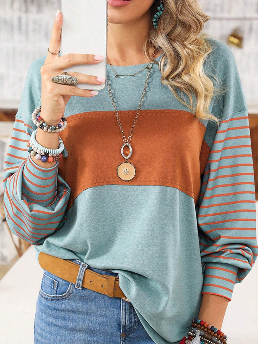 Long Sleeves Loose Contrast Color Split-Joint Striped Round-Neck Blouses&Shirts Tops