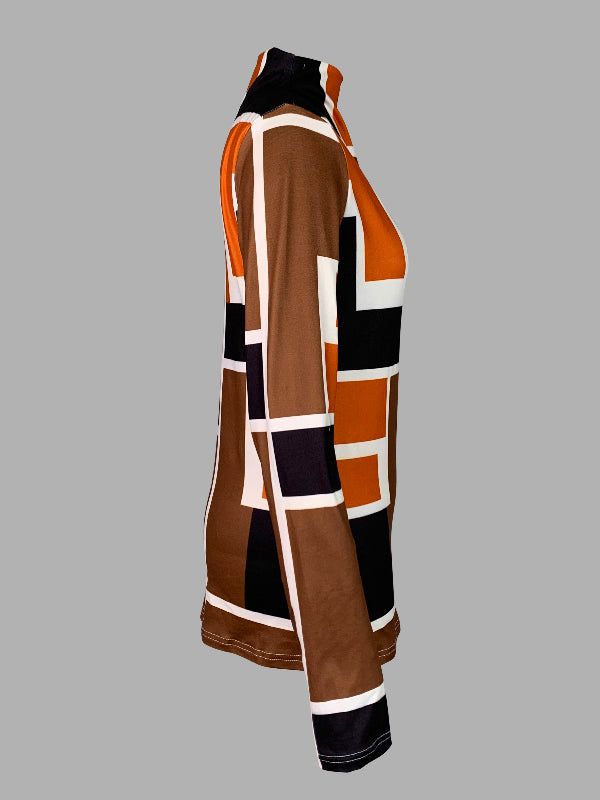 Long Sleeves Skinny Geometric Printed High Neck T-Shirts Tops