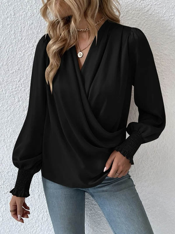 Long Sleeves Loose Elasticity Solid Color V-Neck Blouses&Shirts Tops