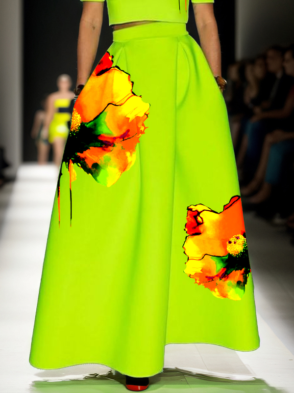 A-Line Loose Flower Print Pleated Pockets Skirts Bottoms