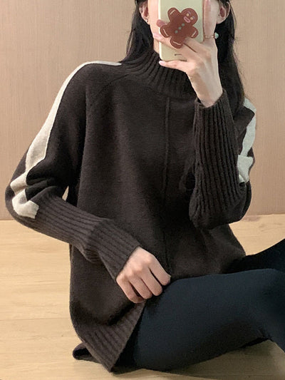 High-Low Long Sleeves Contrast Color Split-Joint Split-Side High Neck Pullovers Sweater Tops