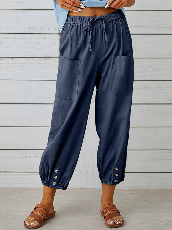 High Waisted Loose Buttoned Drawstring Elasticity Pockets Split-Joint Ninth Pants Trousers