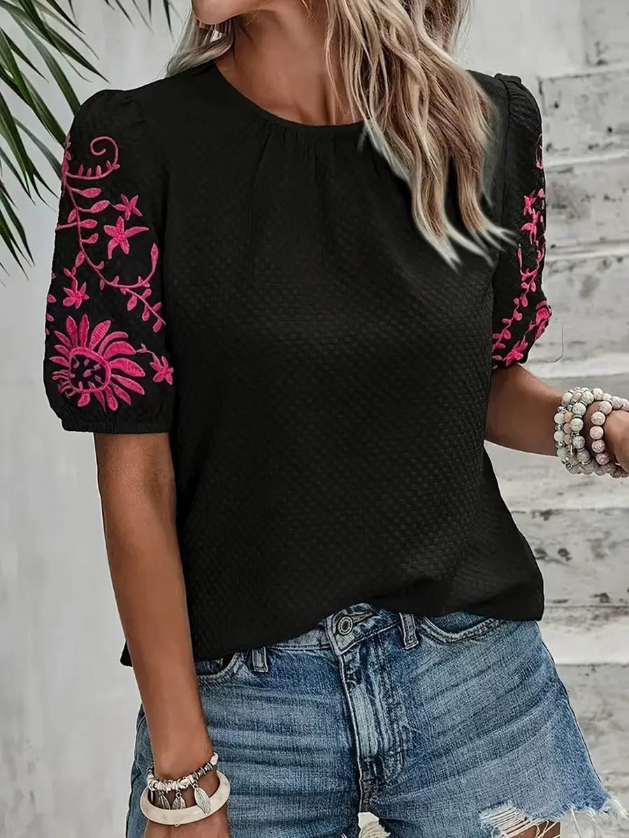 Loose Short Sleeves Bow-Embellished Contrast Color Split-Joint Round-Neck Blouses&Shirts Tops