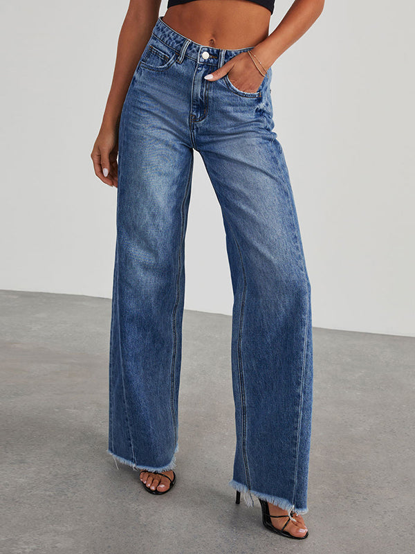 High Waisted Wide Leg Split-Joint Tasseled Jean Pants Bottoms