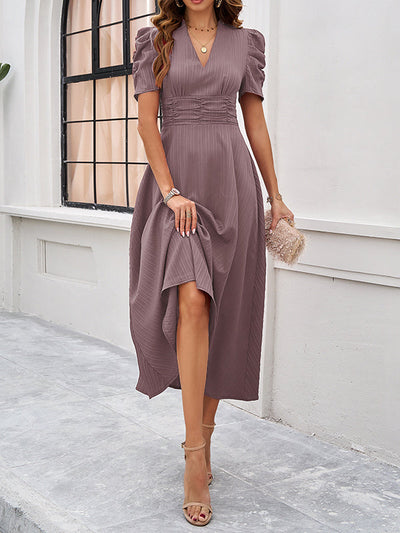 A-Line High Waisted Pleated Solid Color Zipper V-Neck Maxi Dresses